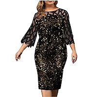 Women's 3/4 Sleeve Casual Dress 2023 Summer Plus Size Sequin Cocktail Dress Mesh Patchwork Glitter Party Bodycon