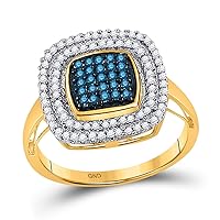 The Diamond Deal 10kt Yellow Gold Womens Round Blue Color Enhanced Diamond Square Frame Cluster Ring 1/2 Cttw