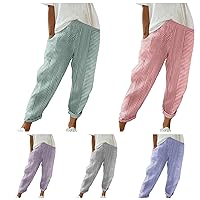 BiCophy Women's Casual Work Pants Elastic High Waist Rolled Hem Loose Fit Summer Athletic Lounge Pants Plus Size Jacquard Striped Fashion Streetwear Capri Trousers with Pockets