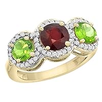 PIERA 14K Yellow Gold Enhanced Ruby & Peridot Sides Round 3-stone Ring Diamond Accents, sizes 5-10