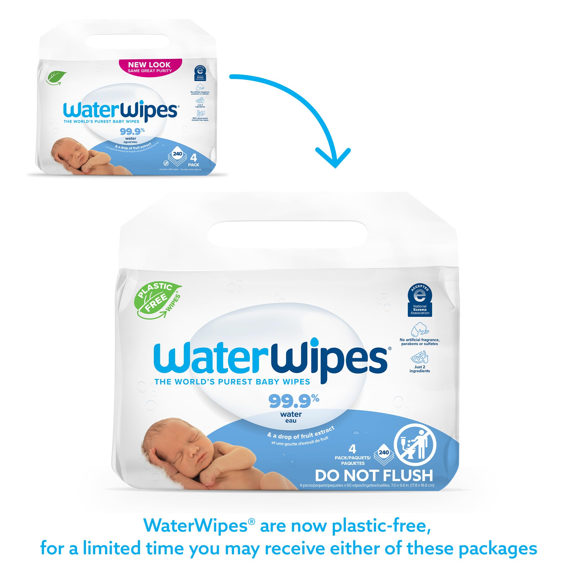 WaterWipes Plastic-Free Original Baby Wipes, 99.9% Water Based Wipes, Unscented & Hypoallergenic for Sensitive Skin, 240 Count (4 packs), Packaging May Vary