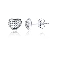 Sterling Silver Rhodium 7x8mm Micropave Cubic Zirconia Heart Stud Earring