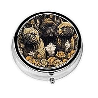 Three French Bulldogs Print Round Pill Box Cute Mini Metal Pill Case with 3 Compartment Portable Travel Pillbox Medicine Organizer for Pocket Wallet