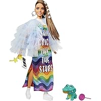 Barbie Extra Doll & Accessories with Long Brunette Hair and Bling Clips in Multi-Colored Dress with Pet Crocodile