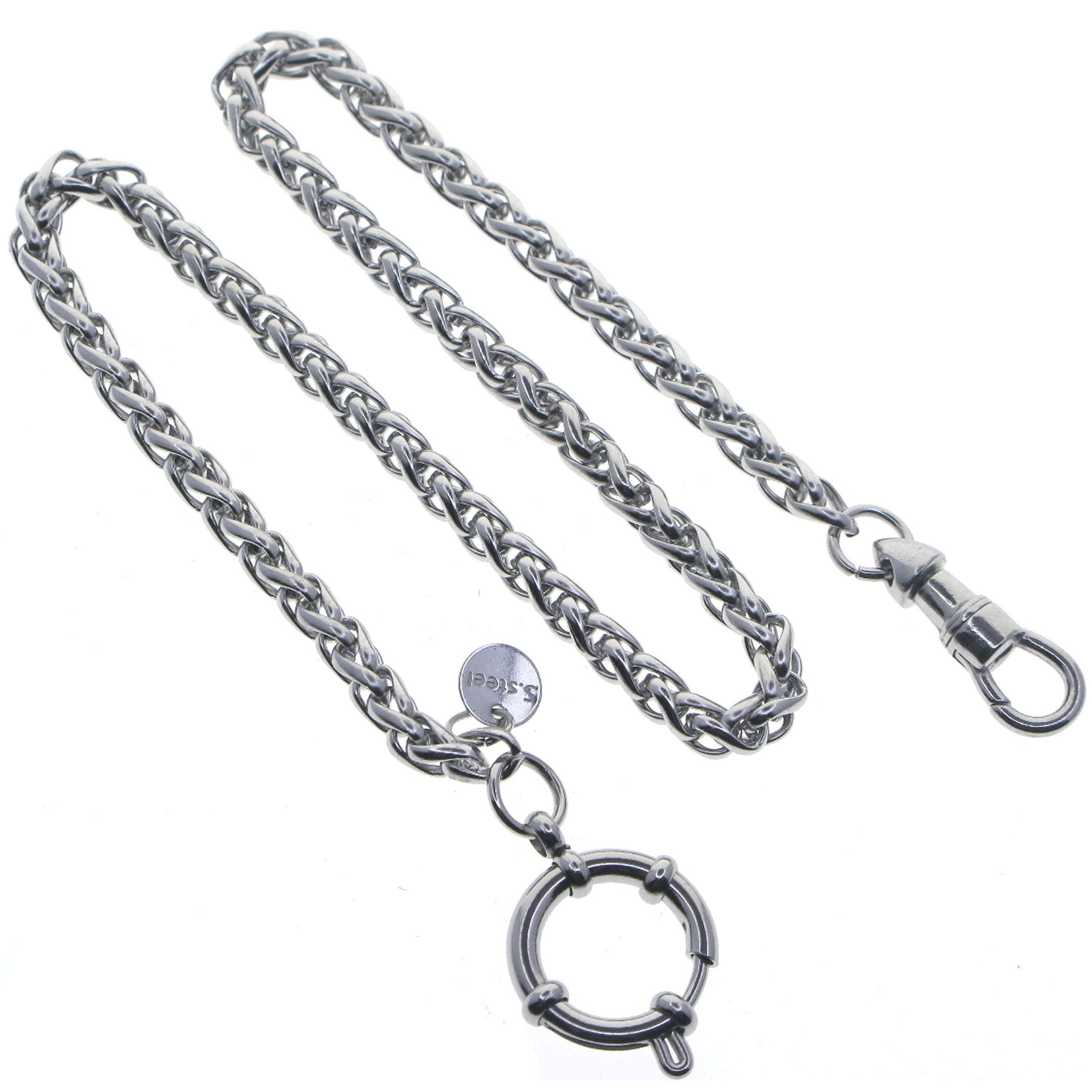 watchvshop, Stainless Steel Pocket Watch Chain Albert Chain with Steel Wheat Spiga Chain, Steel Albert Swivel Clasp, Steel Spring Ring Clasp FCS73