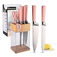Stainless Steel Pink Knife Set with Block - 7 Piece Pink Kitchen Knife Set with Durable Clear Knife Block and Sharpener - Vibrant Pink Knives with Pink Kitchen Scissors and Cleaning Wipe