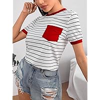 Women's T-Shirt Striped Pattern Patch Pocket Tee T-Shirt for Women (Color : Red, Size : Small)