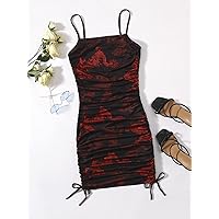 Dresses for Women - Chinese Dragon Print Drawstring Ruched Side Dress (Color : Black, Size : X-Large)