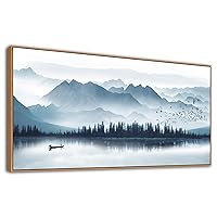 Indigo Framed Canvas Wall Art Misty Mountain Wall Pictures Foggy Lake Boat Canvas Painting Prints Forest Birds Canvas Wall Decor for Living Room Bedroom Decorations Natural Framed 24