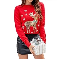 Women's Off The Shoulder Sweater Fashion Knitted Top Fawn Embroidery Cute Christmas Sweater Long, S-2XL