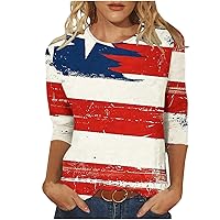 4th of July Casual Tops Summer 3/4 Sleeve Tie Dye T Shirts Women Funny Stars Stripes Print Patriotic Blouses