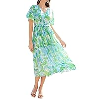 GRACE KARIN Women's 2024 Summer Boho Floral Dress Casual V Neck Short Flutter Sleeve Dress Flowy Pleated Beach Dress