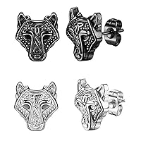 Men's Norse Viking Earrings: Black Silver Tone Celtic Wolf Stud Earrings Stainless Steel Earrings Norse Viking Jewelry for Christmas Day