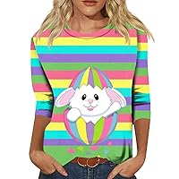 Ladies Three Quarter Sleeve Tshirt Tops Round Neck Shirt Daily Blouse Easter Print Dressy Daily Tunic Trendy Casual Tee