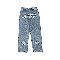 Retro Denim Pants Men，Spring Embroidery Stars Women American Street Hip Hop Streetwear Cargo Jeans
