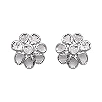 0.80 CTW Natural Diamond Polki Cluster Flower Studs 925 Sterling Silver Platinum Plated Everyday Handmade Slice Diamond Earrings