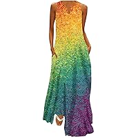 Women Plus Size Long Maxi Dress Summer Sleeveless V Neck Flowy Dress Color Block Casual Sundress Beach Party Dress
