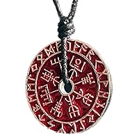 Nordic Coin Vegvísir odin triple horn triquetra valknut Thor's hammer Shiny Silver Pewter Red Men's Pendant Necklace Protection Amulet Wealth Lucky Charm Talisman Medallion with Black Adjustable Cord