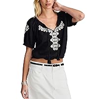 Lucky Brand Women's Short Sleeve Geo Embroidered Peasant Top
