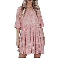 Women Sequin Dress Summer Baby Doll Round Neck Short Sleeve Glitter Sparkly Tiered Tunic Dress Concert Party Clubwear