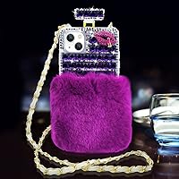 LUVI Compatible with iPhone 13 Perfume Bottle Case Women Girls Cute Plush Fuzzy Furry 3D Bling Diamond Glitter Crystal Rhinestone Design with Crossbody Neck Strap Lanyard Phone Case Dark Purple