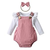 KuKitty Newborn Infant Baby Girl Clothes Solid Ribbed Ruffle Sleeve Top and Overall Shorts with Headband