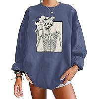 Meladyan Halloween Skull Graphic Print Fleece Oversized Sweatshirt Crewneck Long Sleeve Drop Shoulder Pullover