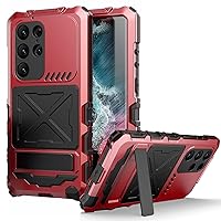 Samsung S23 Ultra Metal Bumper Military Rugged Silicone Case Heavy Duty Armor Defender Samsung S23 Ultra Metal Case with Stand Built-in Gorilla Glass Full Cover Dustproof Outdoor Cover (Red)