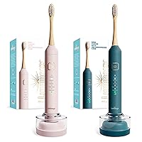 Lumineux Sonic Electric Toothbrush for Adults - Two (2) Toothbrushes with Bamboo Heads in Bloom (Pink) & Deep Ocean (Blue) - Includes 2 Super Soft Bristle Bamboo Tooth Brush Heads, Charging Station &