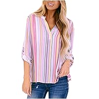 Women Long Sleeve Striped Print Blouse Fashion Color Block Casual Loose Fit Office Work Blouses V Neck Business Tops