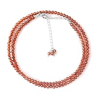 Natural Hessonite Garnet Beads Necklace, 3.5 mm Beads Size, Delicate Necklace with Energy Healing Crystals, Silver Plated Chain, Gift for Her, Gemstone Jewelry 18 inch, Brass, Garnet