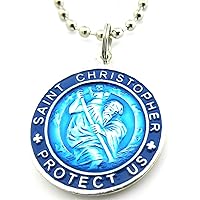 St. Christopher Large Surf Medal Necklace Pendant, Protector of Travel am-nv Aquamarine Blue-Navy