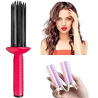 17 Teeth Round Comb Hair Brush Styler for Curly Hair, Portable Anti‑Slip Curling Wand, Curly Hair Styler Tool, Air Volume Comb with Hair Roller Clips (3Pcs-Pink Purple)