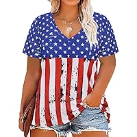 RITERA Plus Size American Flag Tops for Women Patriotic Shirt Oversized Tunic Color Block Summer V Neck Henley Tshirt XL-5XL