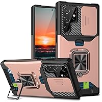 Case for Samsung Galaxy S23/S23plus/S23ultra, Heavy Duty Military Grade Case, with Sliding Camera Cover, Card Holder Slot and 360°Rotating Holder Cover,S23 Ultra,Pink