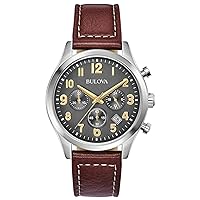 Bulova Men's Classic Stainless Steel 6-Hand Chronograph Quartz Leather Strap Watch with Grey Dial, Gold Accents, Arabic Markers, 41mm