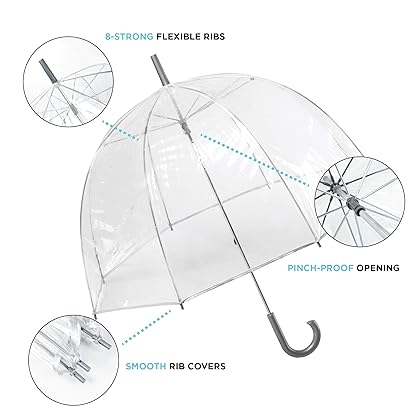 totes Women's Clear Bubble Umbrella – Transparent Dome Coverage – Large Windproof and Rainproof Canopy – Ideal for Weddings, Proms or Everyday Protection, Clear