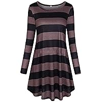 Andongnywell Women Checkered Plaid Swing Tunic Scoop Neck Casual Mini Dress with Pocket Striped Loose T-Shirt Dress