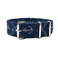HNS 22mm Double Graphic Printed Anchors Blue Bg Nylon Watch Strap with Polished SS Buckle NT122