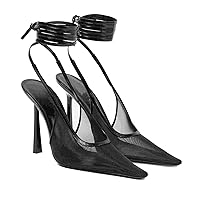 THESHY Womens Mesh Slingback Pumps Stiletto High Heels Ankle Strappy Square Toe Backless Pump Fashion Dress Shoes for Women