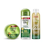 ORS Olive Oil Edge Control Hair Gel - Frizz Control and Shine Glossing Hair Polisher - Style & Shine 24k Golden Glistening Spray - Bundle