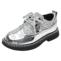 Boys Girls Lace-up Oxfords Brogue Wingtip Shiny Sequin School Uniform Dress Shoes for Wedding Birthday Performance