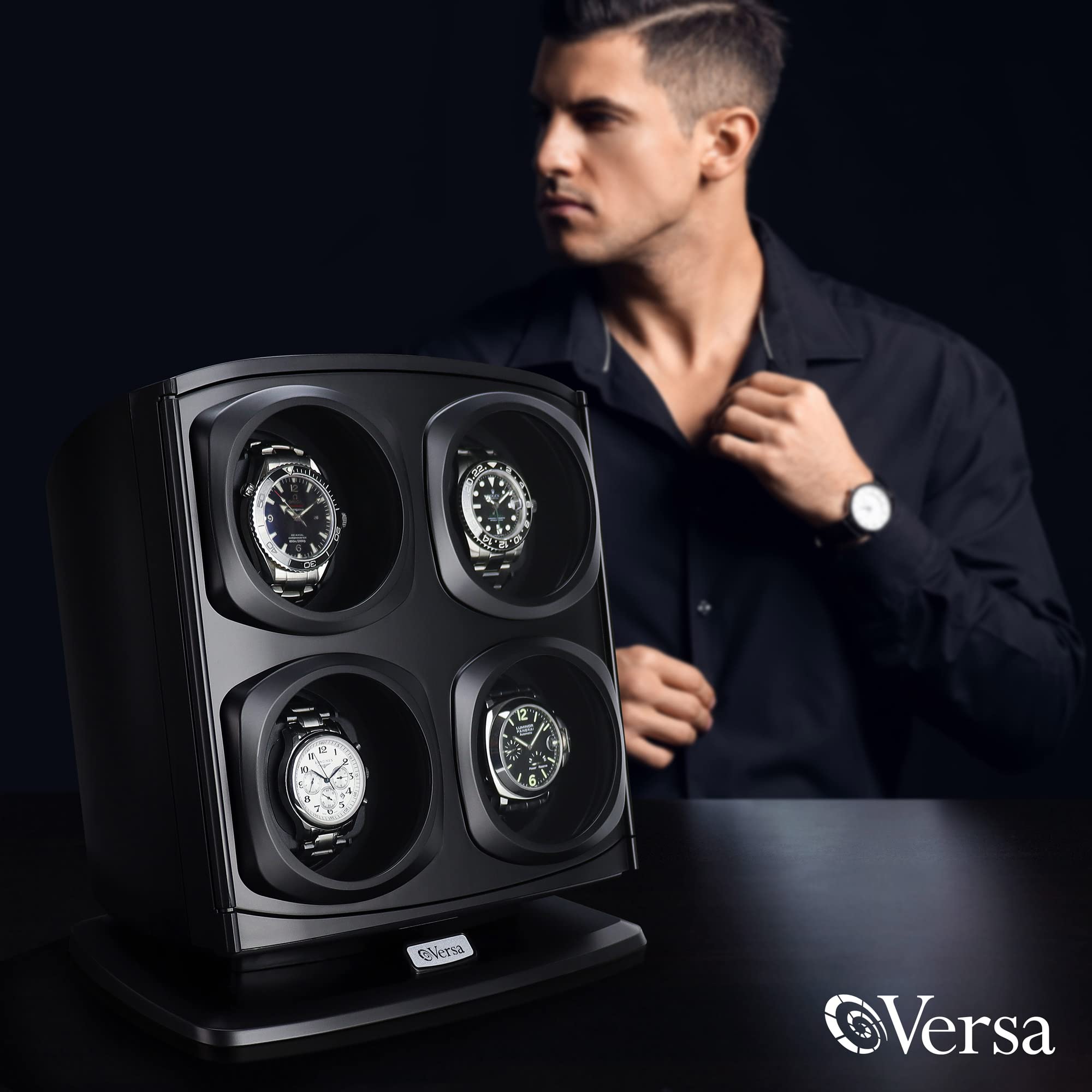 Versa [Newly Updated] Quad Watch Winder in Black - Independently Controlled Settings - Multiple Direction and Timer Settings - Adjustable Watch Pillow - Plenty of Space for Large Watches - No Magnets