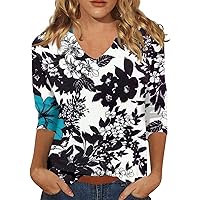3/4 Sleeve Shirts for Women Plus Size Floral Printed V Neck Dressy Blouses Three Quarter Length Sleeve Basic Tops