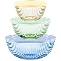 Pyrex Sculpted Tinted 6-PC Full Set, Small/Medium/Large Glass Mixing Bowls With Lids, Nesting Space Saving Set of Bowls For Prepping and Baking, 1.3QT, 2.3QT & 4.5QT