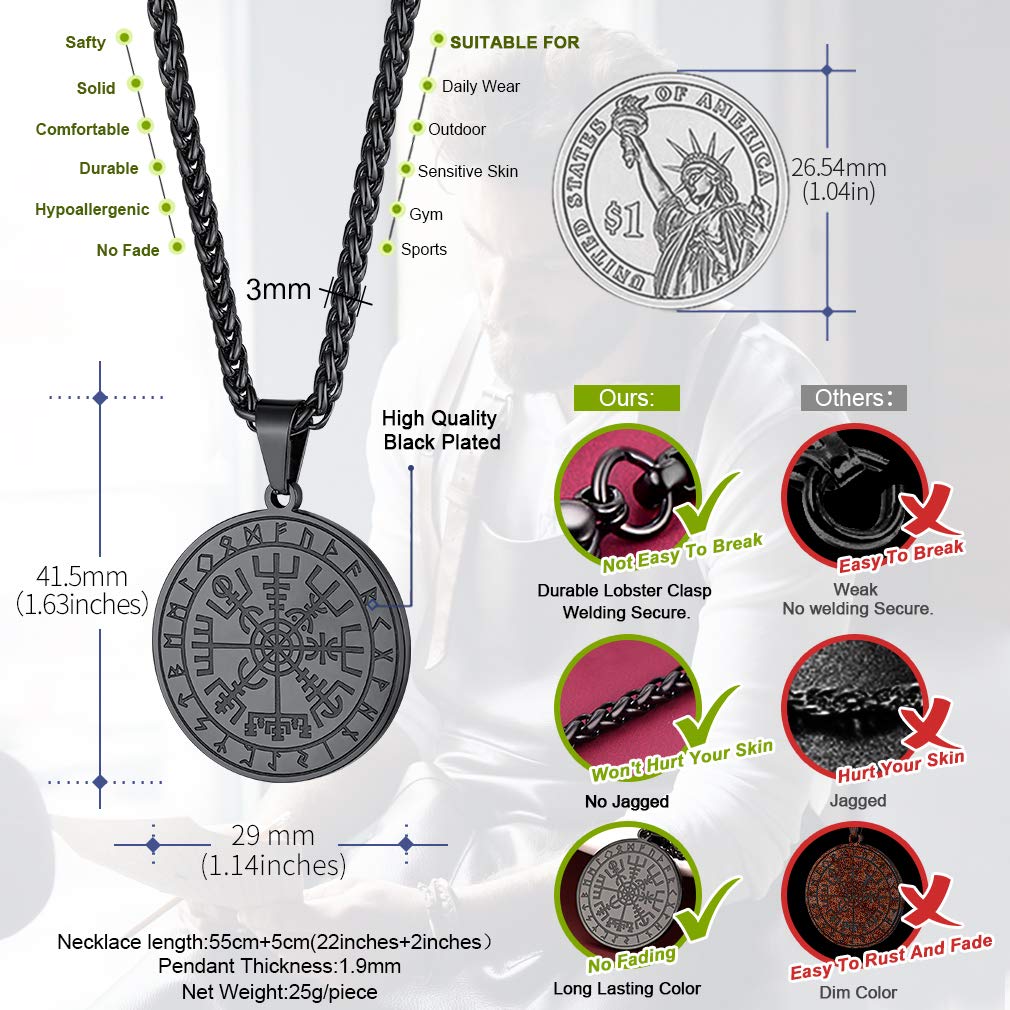 FaithHeart Norse Viking Thor's Hammer Talisman Necklace, Stainless Steel Men Vintage Original Jewelry Nordic Viking Vegvisir Mjolnir Compass Amulet Pendant (Gift Packaging)
