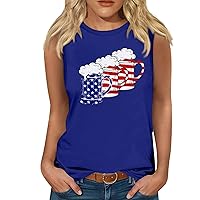 4th of July Tshirt for Women Patriotic Tank Tops for Women 2024 Vintage American Flag Print Casual with Sleeveless Round Neck Cami Shirts Blue Small