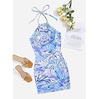 Women's Dress Dresses for Women Marble Print Ruched Halter Dress (Color : Multicolor, Size : X-Small)