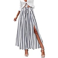Simplee Women's Elegant Striped Split High Waisted Belted Flowy Wide Leg Pants with Pockets