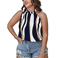 Women's Plus Size Sleeveless Tie Mock Neck Summer Tops Loose Casual Side Bow Tied Halter Tank Top Blouse Shirts